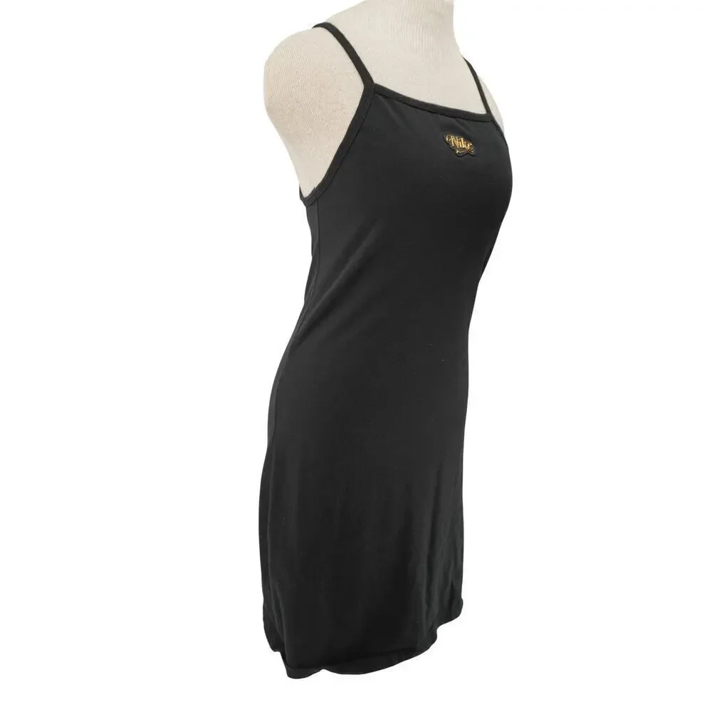 Nike Y2K Black Mini Dress Gold Script Logo Spaghetti Strap Bodycon Size Medium